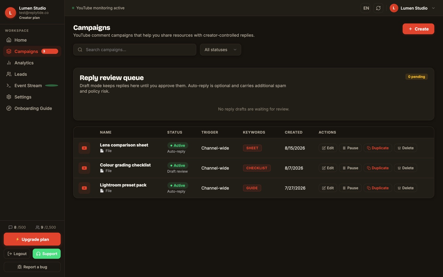 ReplyTide campaigns screen listing three active keyword campaigns — GUIDE, CHECKLIST and SHEET — each showing whether it auto-replies or holds replies for draft review.