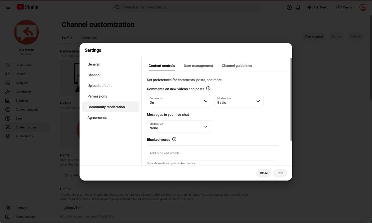 YouTube Studio Settings dialog with Community moderation selected in the left menu and the Content controls tab open. It shows Comments set to On with Moderation set to Basic, live chat Moderation set to None, and an empty Blocked words box labelled Add blocked words, with the note Separate words and phrases by commas.