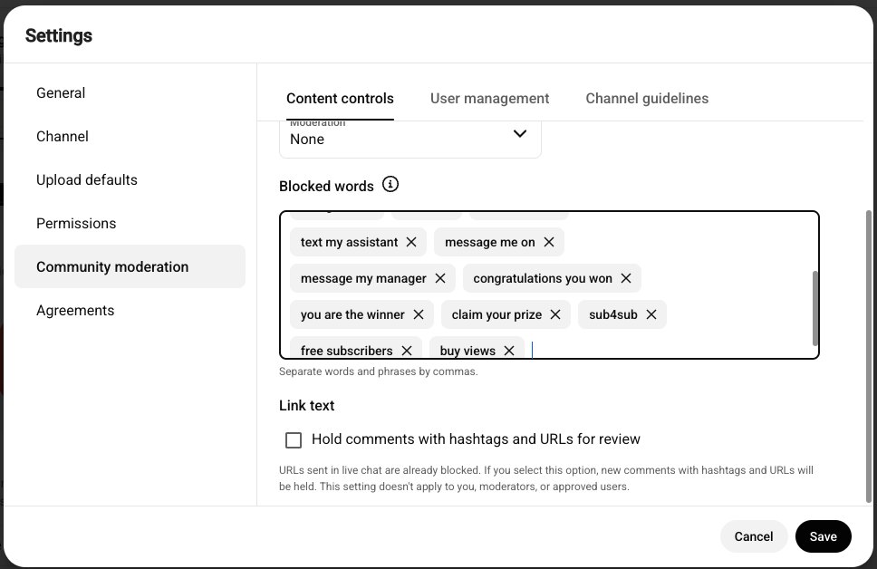 The Link text section of YouTube Studio Content controls. An unchecked checkbox reads Hold comments with hashtags and URLs for review, with the note: URLs sent in live chat are already blocked. If you select this option, new comments with hashtags and URLs will be held. This setting doesn't apply to you, moderators, or approved users.