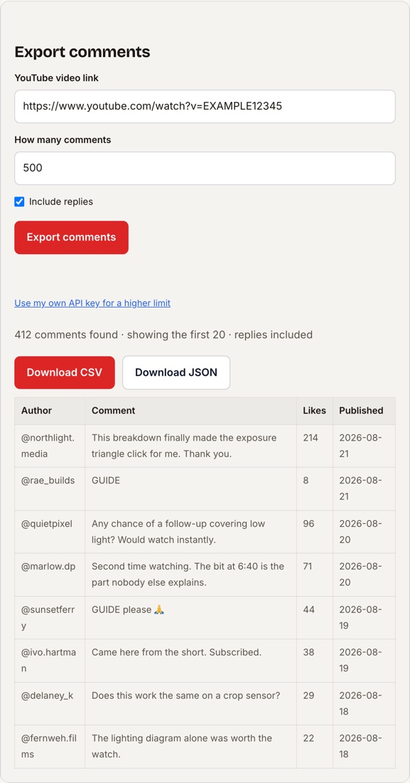 The ReplyTide comment exporter with a video link pasted in, showing 412 comments found and a preview table of author, comment, likes and published date, with Download CSV and Download JSON buttons.