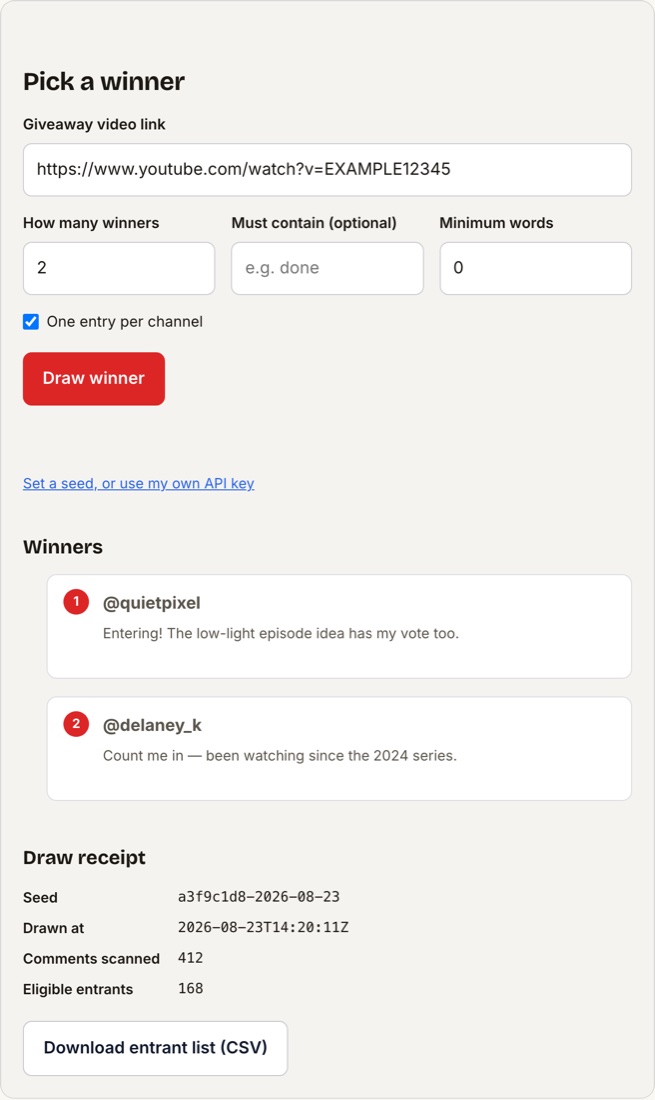 The ReplyTide giveaway picker showing two drawn winners and a draw receipt listing the seed, the draw time, 412 comments scanned and 168 eligible entrants.