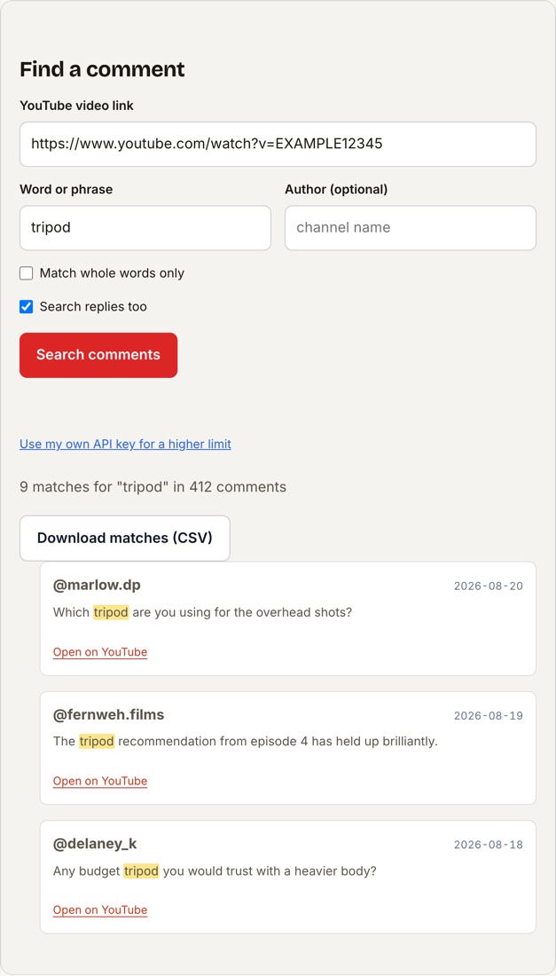 The ReplyTide comment search showing nine matches for the word tripod across 412 comments, each match highlighting the search term with the author, date and a link to open it on YouTube.